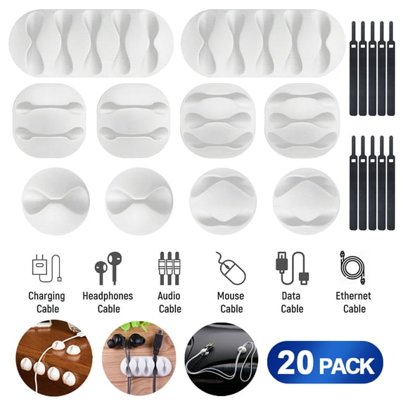 20Pcs Cable Clips Self-Adhesive Cord Management Wire Tie Holder Organizer Clamps (White)