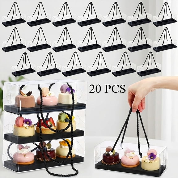 20Pcs Cake Containers with Cardboard Trays & Handles Clear 3 Compartment Cupcake Boxes, 9x3x3 Inches Portable Pastry Boxes for Weddings, Birthdays, Parties