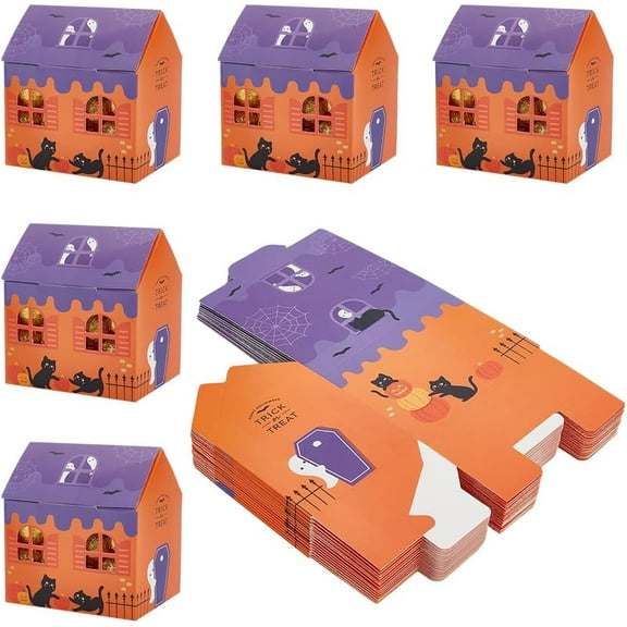 20Pcs Cardboard Treat Boxes Carton Theme Pattern Printed Candy Boxes House with Cat Trick Candy Cookies Goodie Bags