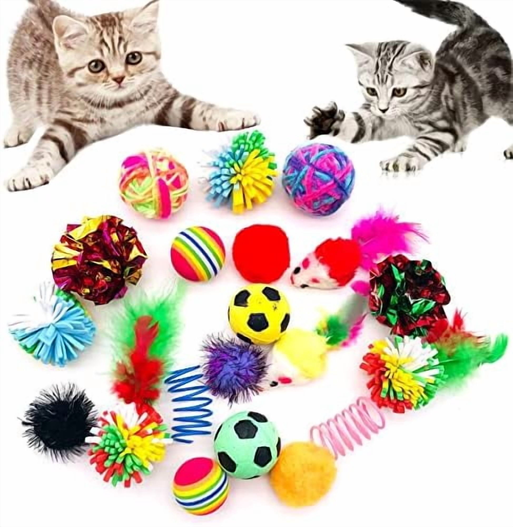 20Pcs Cats Toys Interactive Kitten Ball Toys Assortments Variety Pack for Indoor Cats Mice Feather Sparkle Crinkle Ball Bells Spring