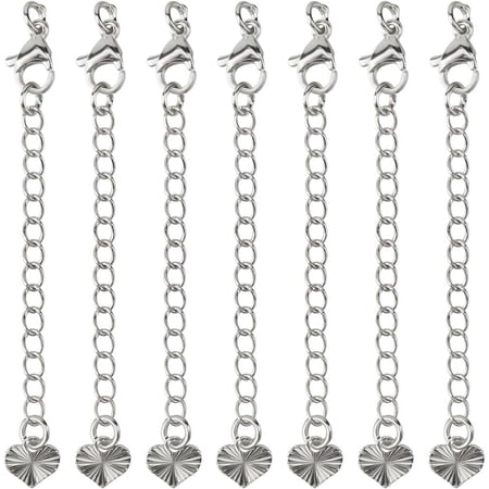 20Pcs Chain Extenders for Necklaces Brass Cable Chain Extension Adjustable Chain Links with Lobster Clasp Heart Chain Tabs for Jewelry Bracelet Anklet Accessories Silver 2.6Inch Platinum