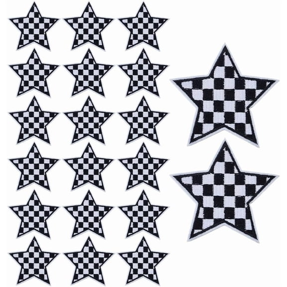 20Pcs Checkered Star Iron On Patch Black White Star Embroidered Patches Racing Day Patches Sew-On Patches Checkered Applique Decorative for Jacket Jeans Shirt Bags Hats DIY Craft