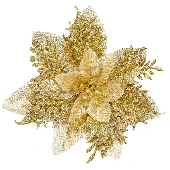 20Pcs Christmas Artificial Flowers Decorations, Glitter Christmas Tree Ornaments, Gold Tree Flowers for Xmas/Wedding/Holiday/Wreath/Garland Decor, with Cilps and Stems, 5.5 Inch