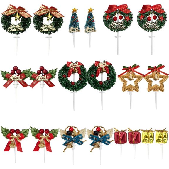20Pcs Christmas Cake Topper Holiday Cupcake Toppers Christmas Wreath Tree Gift Box Christmas Cupcake Topper Picks Winter Cake Toppers for Xmas New Year Birthday Party Dessert Decorations colorful
