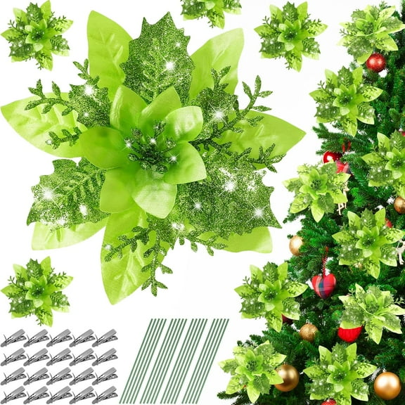 20Pcs Christmas Flowers Artificial Poinsettia Flowers Decorations Glitter Christmas Tree Ornaments with Clips Stems 14cm/5.5in Xmas Wedding Party Wreath Garlands DIY