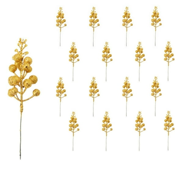 20Pcs Christmas Glitter Berries Stems, 7.87" Gold Artificial Christmas Picks for Christmas Tree Ornaments for DIY Xmas Wreath Crafts Gifts Holiday Home Decor