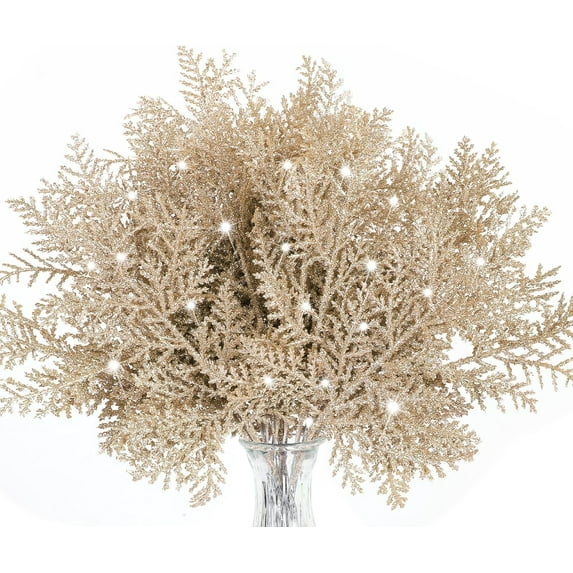 20Pcs Christmas Glitter Pine Needles Christmas Picks and Sprays Artificial Pine Leaves Cedar Stems Christmas Leaves Stems for DIY Crafts Wreath Home Decoration