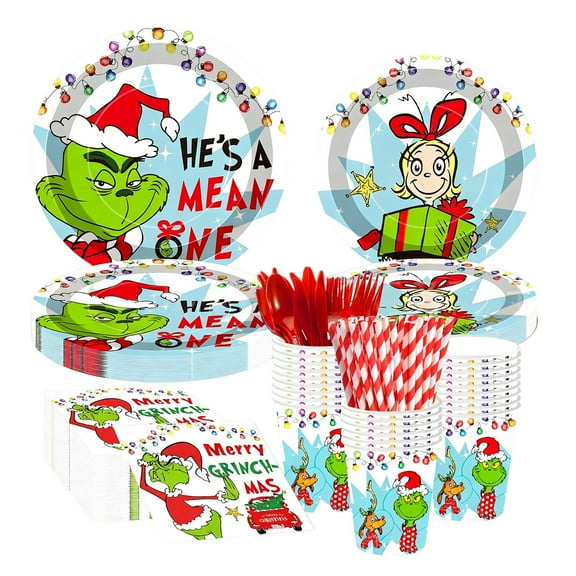 20Pcs Christmas Party Set, Disposable Christmas Theme Party Supplies with 20pcs Paper Plates,Napkins, and 10pcs Cups, Cutlery, Straws
