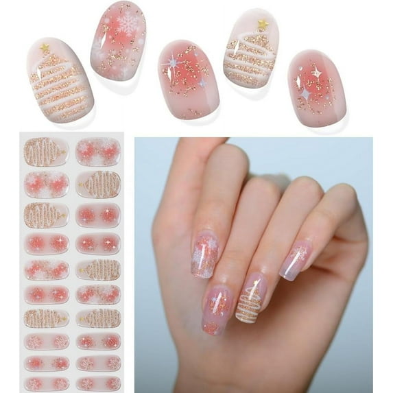 20Pcs Christmas Semi Cured Gel Nail Strips, Snowflake Winter Gel Nail Stickers Long Lasting Cute Glitter Snow Xmas Tree Holiday Semicured UV Nail Wraps for Women Girls