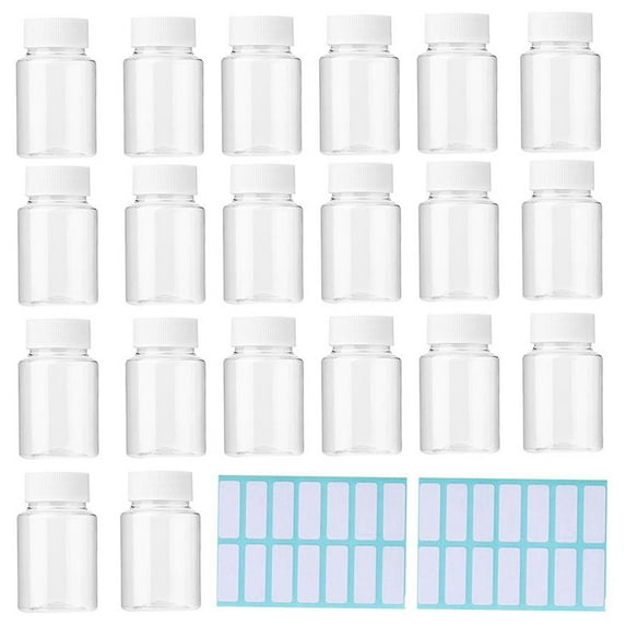 20Pcs Clear Pill Bottle Plastic Medicine Bottle Empty Reagent Bottle Chemical Containers with Caps for Liquid Solid Powder Medicine 20ML With Sticker