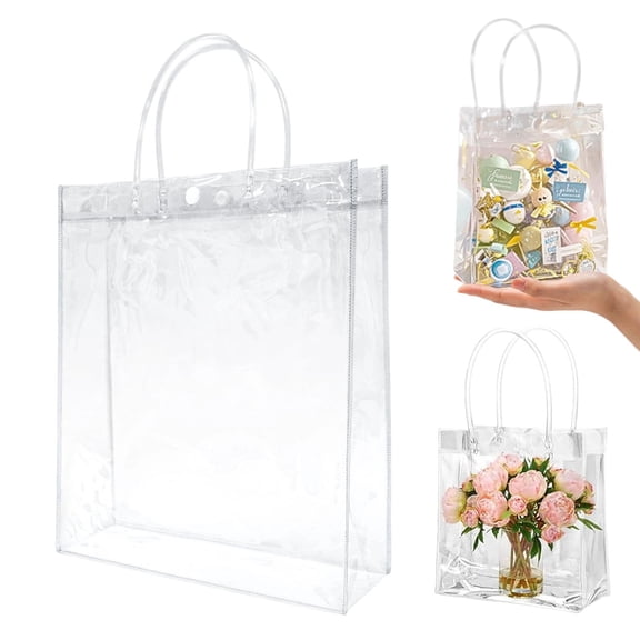 20Pcs Clear Plastic Bags with Handles Reusable Square Bottom Tote with Button Closure for Wedding Birthday Party Favor Gift Giving Ciozy