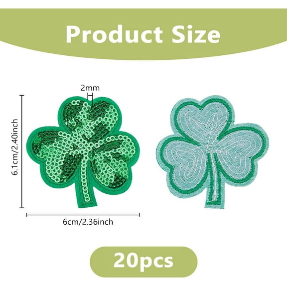 20Pcs Clover Sequin Iron On Patches Green Clover Patch 6.1x6cm Lucky Shamrock Patch St Patrick's Day Green Glitter Patches Iron On Appliques for Sewing Craft Decoration