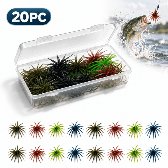 20Pcs Coike Creature Bait, Sea Urchin Bass Bait & Fuzzy Dice Bait with Tackle Box