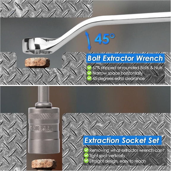 20Pcs Combo Bolt Extractor Kit, 6-Point Offset Extractor Wrench Set, 6Pcs Metric 8-19mm, 14Pcs Eazy Out Bolt Extractor Set, Impact Socket Remover for Stripped, Broken, Rounded Bolts & Nuts
