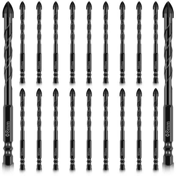 20Pcs Concrete Drill Bit Set 8mm Alloy Masonry Drill Bit Set Stable Carbide Tipped Tile Drill Bit Cross Head 1/4 Hex Shank Drilling Hole Bit for Concrete Cement Brick Wood