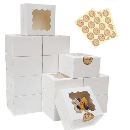 20Pcs Cookie Boxes with Window, 6×6×3 Inches Treat Boxes for Bakery Dessert Pastry Mini Cake Favor Donut Baked Goods (White, with Stickers)