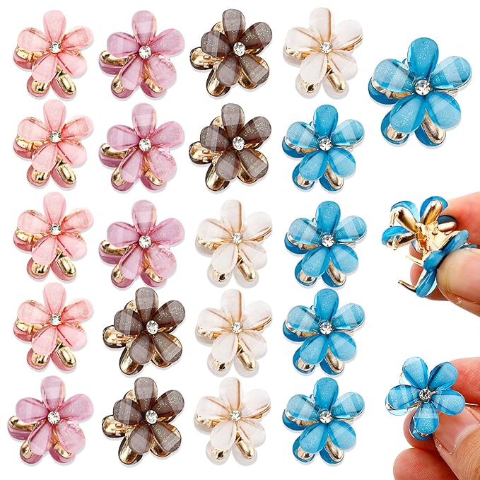 20Pcs Crystal Flower Hair Clips Mini Spring Claw Clips Spring Floral Pearl Hair Clip for Thick and Thin Hair Women's and Girls Hair Accessories (5 Colors)