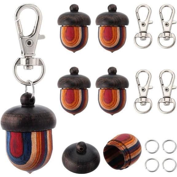 20Pcs DIY 5 Sets Acorn Pendant Wooden Keychain Making Kit Natural Wood Acorn Nut Box Screw Cap Openable Pendants Lobster Clasps Split Jump Rings