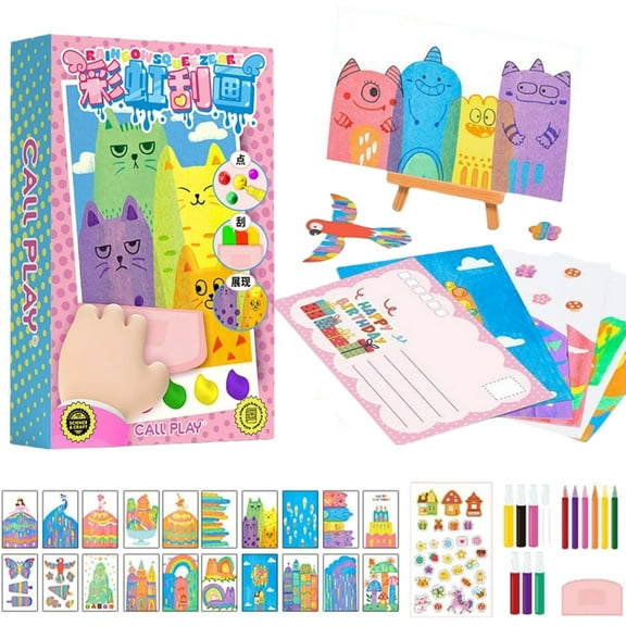 20Pcs DIY Rainbow Scratch Art Kit Party DIY, Squeegee Art Kids Paint Kit, Rainbow Dot Painting Art, Children Painting Crafts Creativity Set