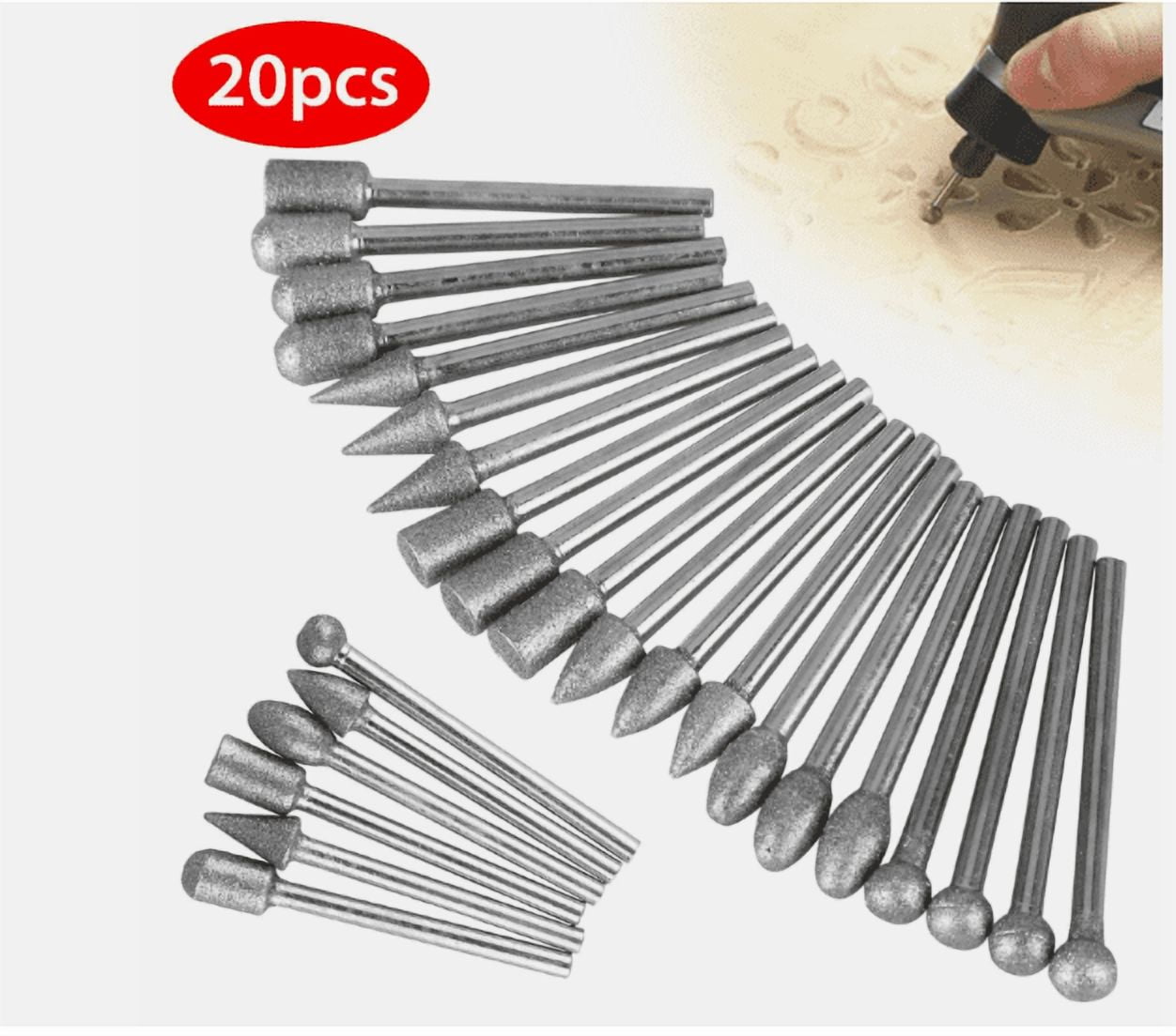 20Pcs Diamond Burr Bit Set 1/8" Shank – Cutting Carving Grinding Bits for Dremel & Rotary Tools