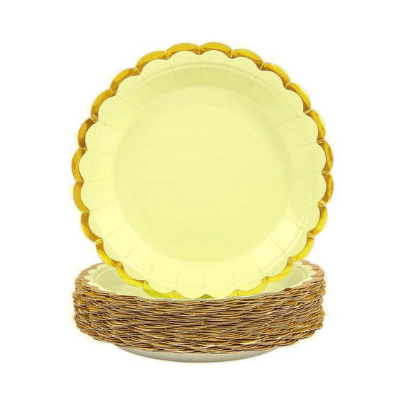 20Pcs Disposable Pastel Paper Plates 9" Scalloped Dessert Plate for Valentines Coquette Bridal Wedding Birthday Baby Shower Party Supplies, Yellow