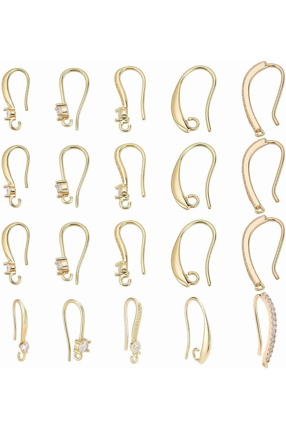 20Pcs Earring Hooks 5 Style Brass Ear Wire with Loop Cubic Zirconia French Earring Hooks Dangle Fish with 20 Pcs Backs
