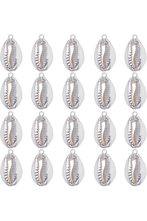 20Pcs Electroplated Natural Cowrie Shell Pendants Shell Charm with Iron Findings Platinum 18~24x10~14x6~7mm Hole: 1.5mm