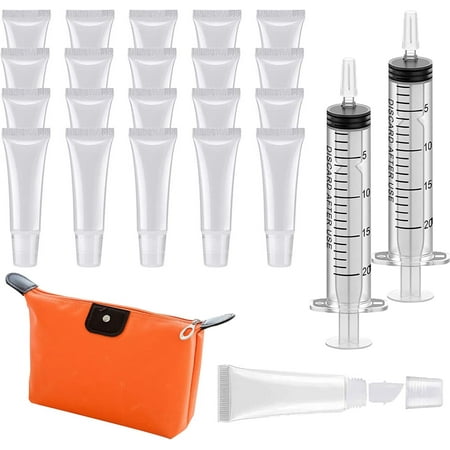 20Pcs Empty Lip Gloss Tubes 10ml Clear Lip Gloss Containers Lip Balm Tubes Lipgloss Supplies Squeeze Tubes Kit with 2Pcs x 20ml Syringes and Cosmestic Bags for DIY Lip Gloss Base
