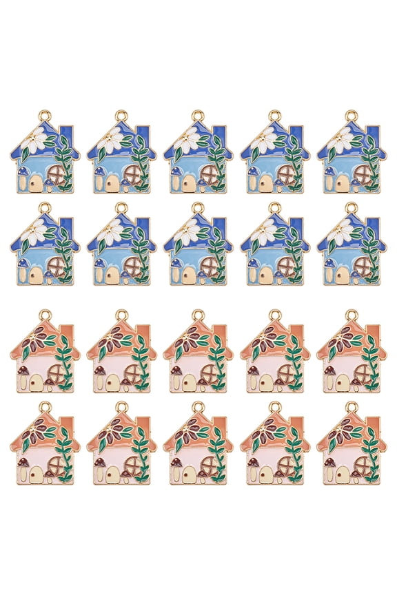 20Pcs Enamel House Charms Bulk Home Charm Golden Metal Alloy Blue Pink Plating Fairy Houses Shaped Small Dangle Charm for Jewelry Making Accessories