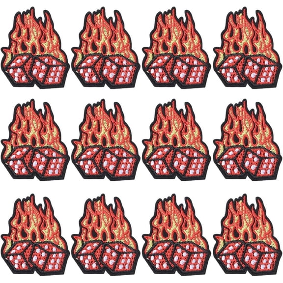 20Pcs Fire with Dice Patches Iron On Bulk Orange Red Flame Embroidery Patch Mini Cartoon Blaze Badge Sew On Embroidered Repair Appliques for DIY Sewing Making Cloth Jackets Jeans Shirts Bag DIY