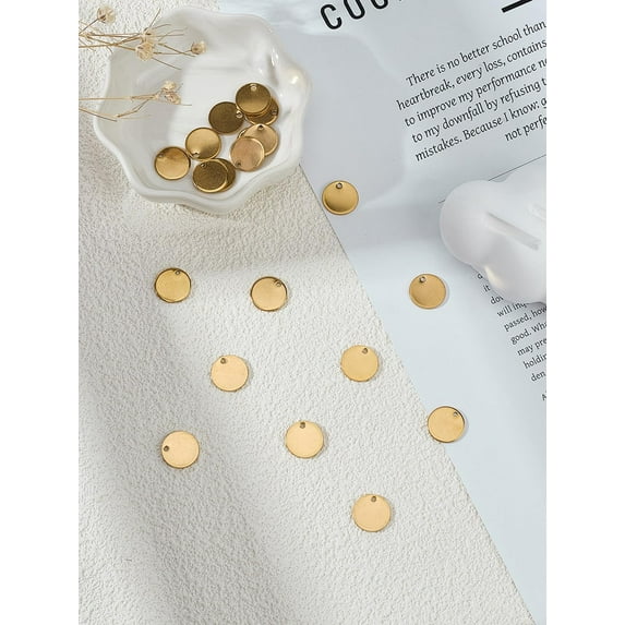 20Pcs Flat Round Charms Stainless Steel Stamping Blank Tag Pendant Dangle Charms Pendant Decoration for Women DIY Necklace Bracelet Jewelry Making Keychain Purse Decoration 12x1mm Hole: 1.4mm Golden