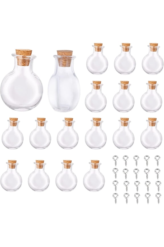 20Pcs Flat Round Mini Wish Bottles Tiny Glass Bottle Charms with Cork Stoppers Clear Wishing Jar Vial Bottle 20Pcs Eye Pin Peg Bails