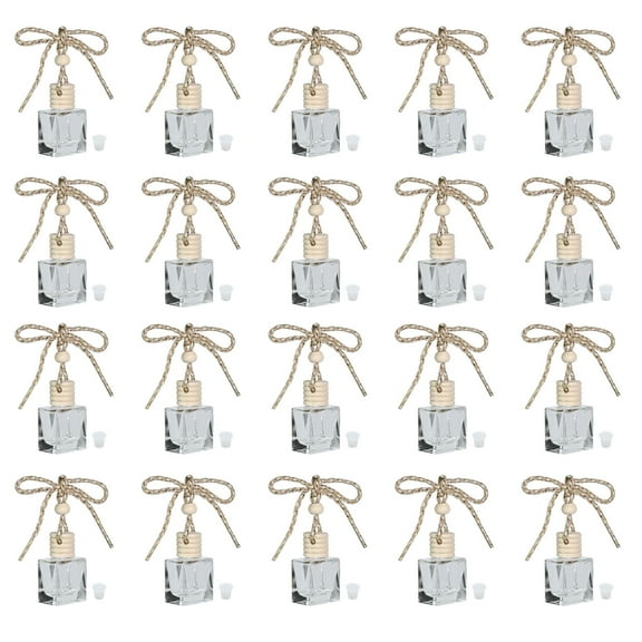 20Pcs Flat Square 10ML Perfume Bottles with Gold Wire Rope, Car Diffusers Glass Bottle for Essential Oils, Empty Hanging Car Air Fresheners