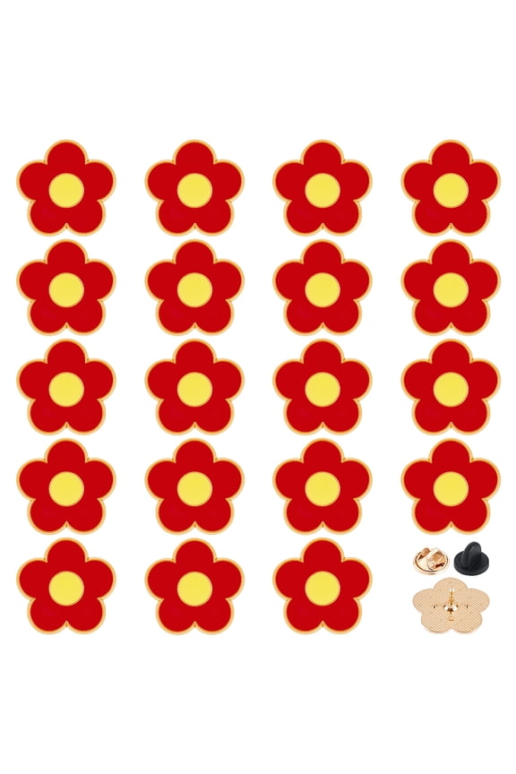 20Pcs Flower Alloy Enamel Brooch Lapel Pin Backs for Clothes Red 20.5x21mm