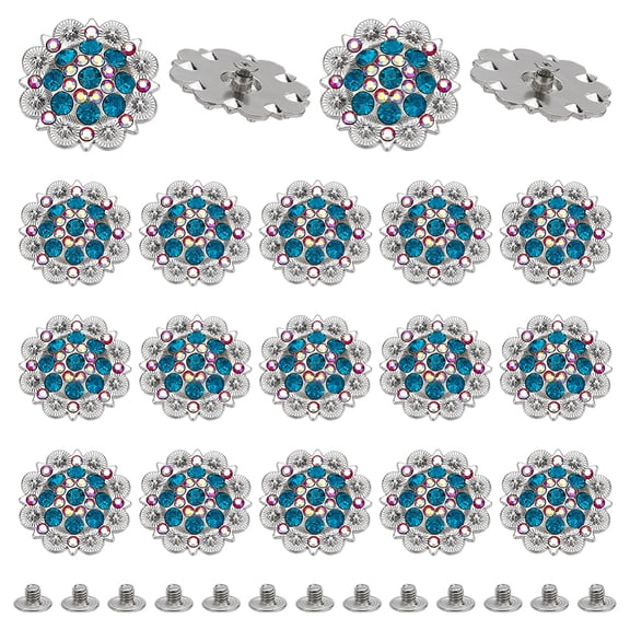 20Pcs Flower Zinc Alloy Rhinestone Glass Rivets for Purse Bags Leather Crafts Decoration Platinum Steel Blue 37x10mm