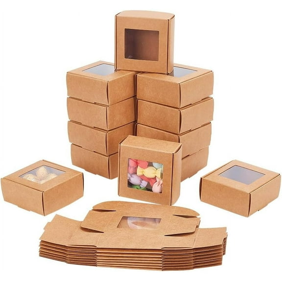 20Pcs Folding Paper Box with Clear Window Square Brown Paper Boxes Mini Crafts Present Boxes for Wedding Birthday Party Jewelry Candy Festival Gift Packaging Size:2.6x2.6x1.2inch for diy
