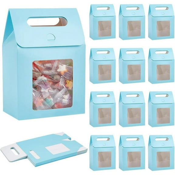 20Pcs Gable Candy Treat Boxes Kraft Paper Boxes with Clear Windows Carton Paper Gift Storage Bags with Handles for Housewarming Wedding Party Anniversary Bridal Christmas BlueDeep Sky Blue