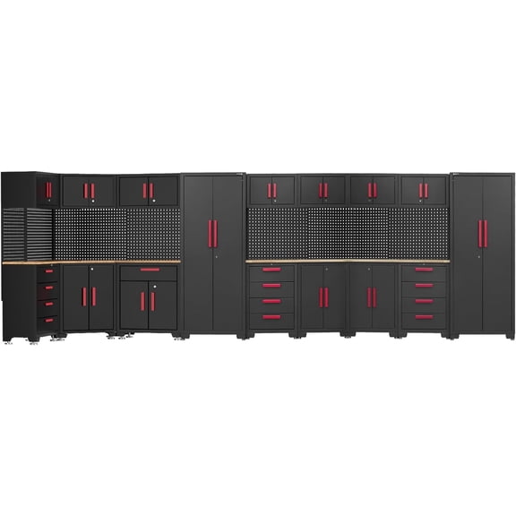 20Pcs Garage Cabinets and Storage System Corner Workshop Set with Corner Cabinet, Garage Storage Cabinet System,Cabinet Drawers, Workbench, Pegboard for Tool Organization, Black Red