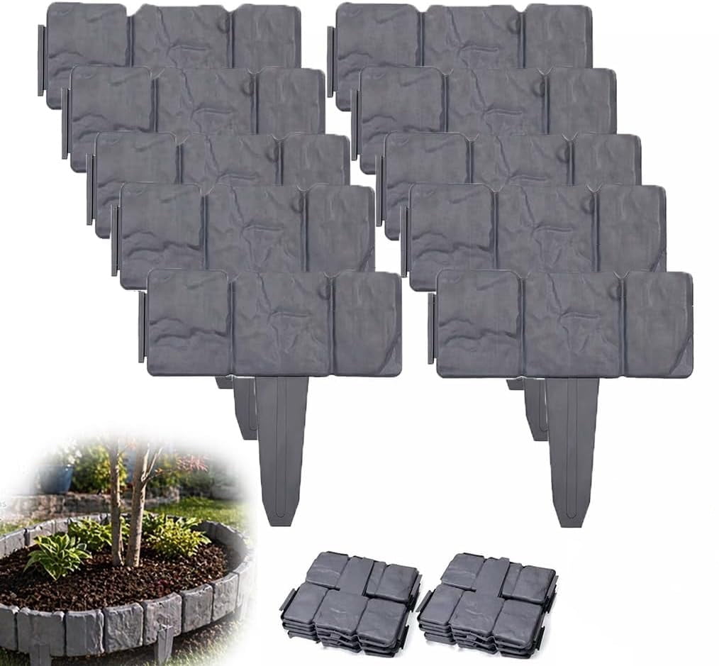 20Pcs Garden Edging with Ground Anchors, Dark Grey Cobbled Stone Effect Lawn Border for Flower Beds – Decorative Protective Barrier for Gardens, Landscaping, Farms (20Pcs, Dark Grey)