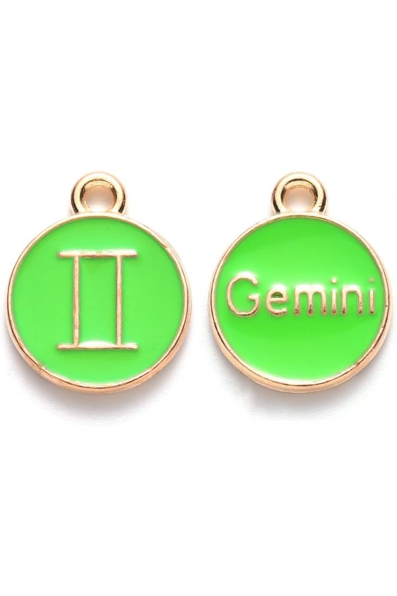 20Pcs Gemini Alloy Enamel Pendants Flat Round with Constellation Jewelry Making Charms for Women Festival Gifts Jewelry DIY Making Light Gold Pale Green 15x12x2mm Hole: 1.5mm
