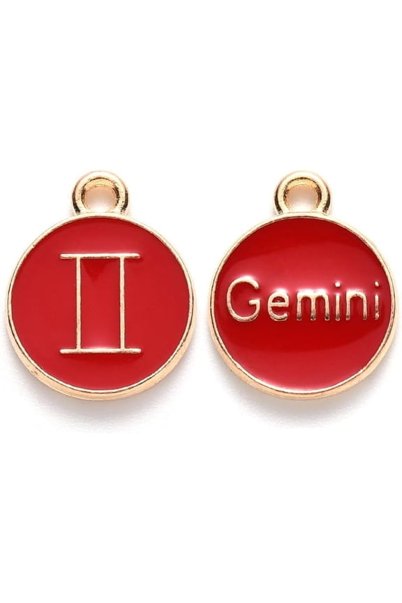 20Pcs Gemini Alloy Enamel Pendants Flat Round with Constellation Jewelry Making Charms for Women Festival Gifts Jewelry DIY Making Light Gold Red 22x18x2mm Hole: 1.5mm DIY Making