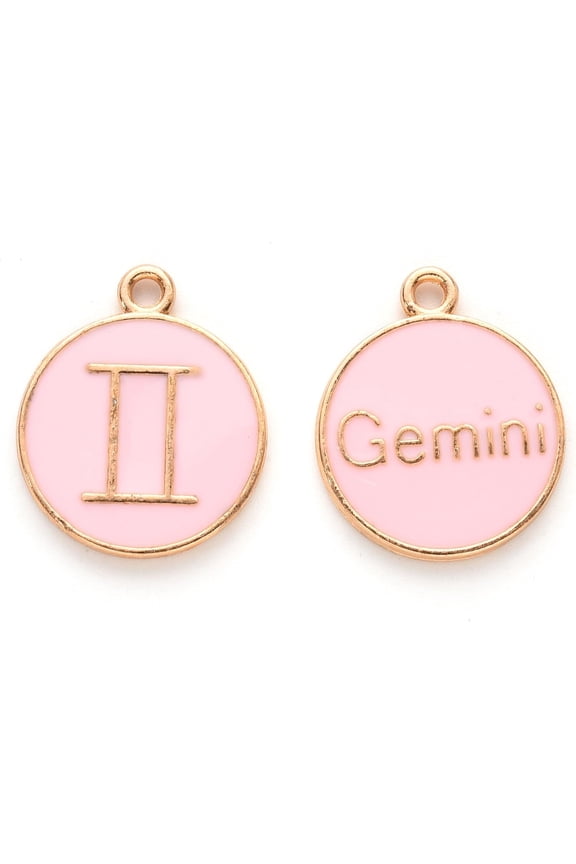 20Pcs Gemini Charms Alloy Enamel Pendants Flat Round with 12 Constellation Jewelry Findings for Necklace Bracelet Jewelry Making Light Gold Pink 22x18x2mm Hole: 1.5mm for DIY