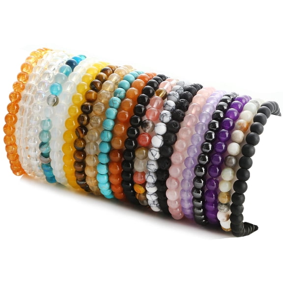 20Pcs Gemstone 6mm Round Beads Bracelet Set Healing Crystal Stone Stretch Bracelets for Men Women Round Beaded Elastic Bracelets