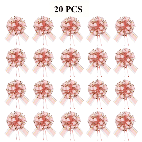 20Pcs Gift Bow Ribbon Pink Pull Bow with Golden-Edged, 4-Inch Ribbon Bows for Wedding Gift Wrapping, Baskets Warpping, Valentine's Day Party Decor