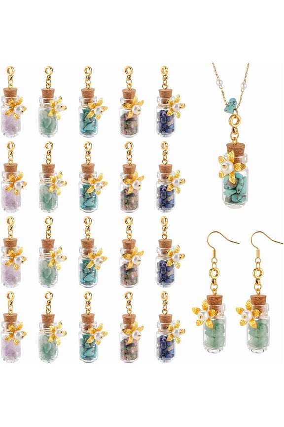 20Pcs Glass Bottle European Dangle Charms with Natural Gemstone Chip Golden 43mm 4pcs/color