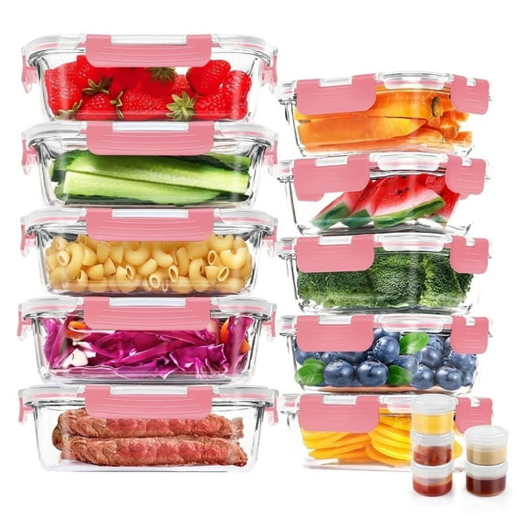 30 Pcs Glass Food Storage Containers with Lids, Glass Airtight Meal Prep Container Set for Lunch, Kitchen Pantry Organizers and Storage, Leak Proof, Pink