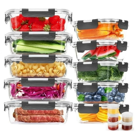 30 Pcs Glass Food Storage Containers with Lids, Glass Airtight Meal Prep Container Set for Lunch, Kitchen Pantry Organizers and Storage, Leak Proof, Gray