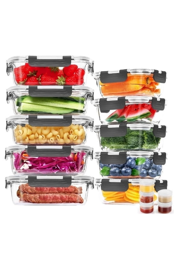 30 Pcs Glass Food Storage Containers with Lids, Glass Airtight Meal Prep Container Set for Lunch, Kitchen Pantry Organizers and Storage, Leak Proof, Gray