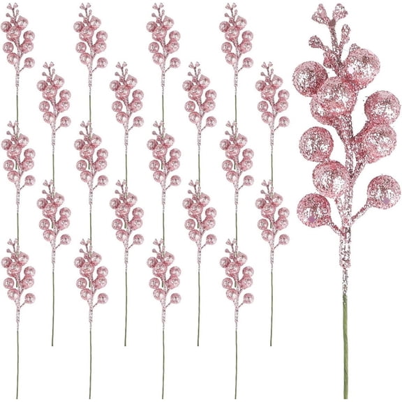 20Pcs Glitter Berry Pick for Decor,Christmas Tree Ornaments,Sparking Pink Faux Winter Berry Sprigs,Artificial Berries Picks,for DIY Xmas Wreath, Crafts, Holiday and Home Decor