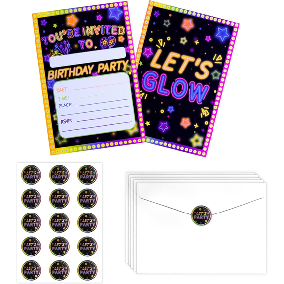 20Pcs Glow Party Invitations Sets with Envelopes Lets Glow Neon Party Favors Double-sided Printed Invitation Cards for Girls Kids Birthday Party Invitations Supplies, 6.7 x 4.7 Inch